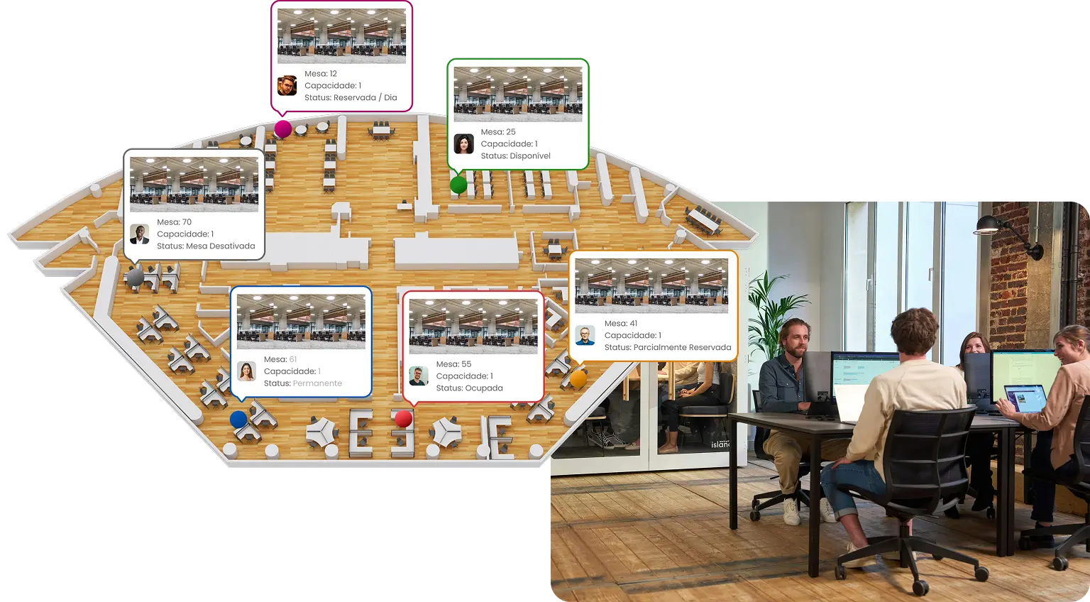 DeskFlex 3D floor plan showing bookable workspaces across an office